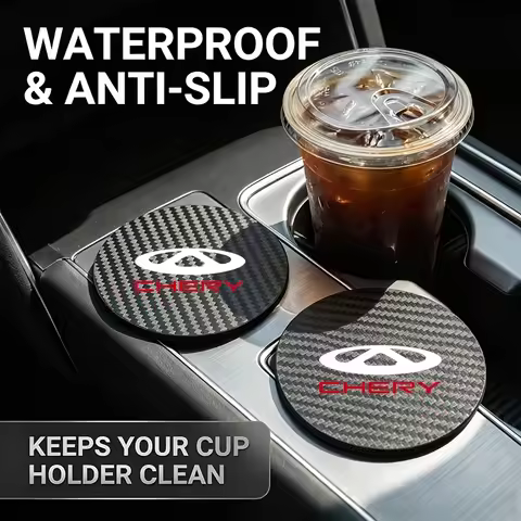 2pcs Carbon Fiber Texture Faux Leather Coasters Car Cup Mats for Chery Tiggo 2 3 7 4 5x Kimo Qq6 s21