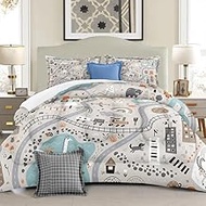 Yilinata Cartoon Train Tracks Comforter Set Gray Printed Quilt Bedding Set with 1 Comforter and 1 Pi