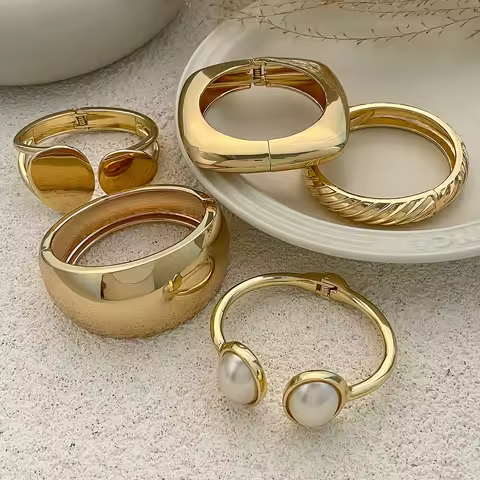KunJoe 6 Styles Geometric Gold Color Cuff Spring Bangles for Women Vintage Metal Chunky Wide Hand Br