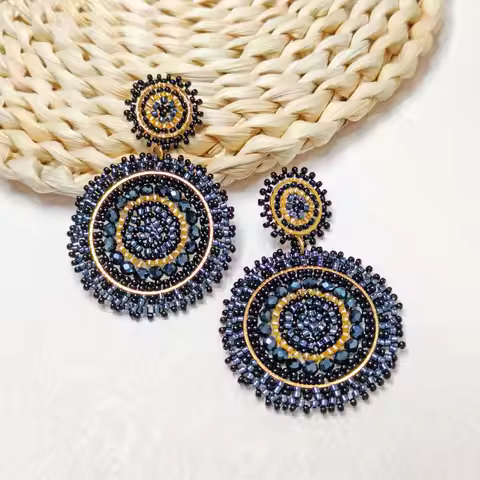 Bohemia Rice bead earrings Circle Black Crystal Hand weaving Alloy Retro Female Ethnic style Beaded 