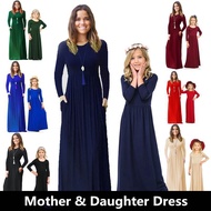 Women Long Dress Muslimah Parent-child Dress Cotton Long Sleeve Muslim Dresses Solid Color Mother and Daughter Dress Maxi Dress Baby Girl Dress Kids Dress baju kurung moden