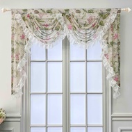 Pastoral Flower Sheer Curtain Waterfall Valance With White Lace Ruffled Trim Rod Pocket Customized Kitchen Swag Valance Faux Linen Textured Voile Curtain Head for Patio Door
