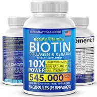 Super Natural Goods Biotin Collagen Supplements with Keratin Peptides - Hair Growth &amp; Hair Loss Treatment for Men &amp; Women - Hair, Skin, Nails Vitamins - Maximum Strength 545000mcg Supplement Pills - Nail &amp; Skin Capsules 30 Count (Pack of 1)