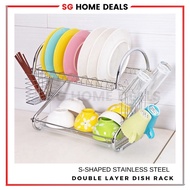 [SG STOCKS] Stainless Double layer Steel Dish Drainer/Drying Rack/Dish Rack/Bowl Shelf Organizer Nonslip Cutlery Holder