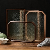 Begonia Embossed Glass Tray, Walnut Color Rectangular Tea Tray, Storage Ornament Tea Cup Fruit Snack