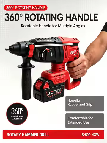 Milwaukee M12 Cordless Rotary Hammer Drill 18V Brushless, 1500W 26mm SDS-Plus 3-in-1 Hammer Drill fo