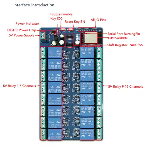 Relay Module Board 16 Channel for ESP32-WROOM Relay Development Board for Smart Home DC5-12V Relay M
