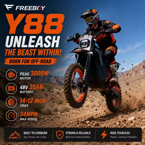 Electric Motorcycle FREEBOY Y88 3000W Mid Motor Drive Off Road Pit Bike 34MPH Top Speed Fast Dirt Ad