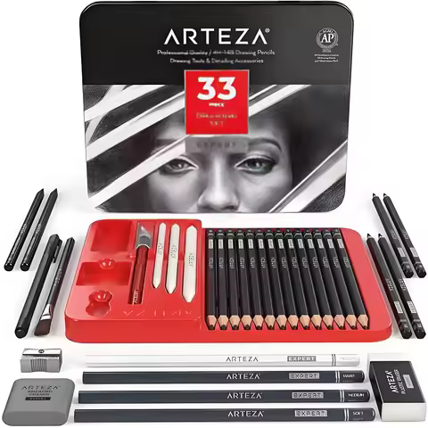 Arteza 33Pcs Drawing Set for Adults, Artist Sketching Kit with Graphite & Charcoal Pencils, Blenders