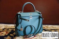 法國櫥窗 愛瑪仕 凱莉包Hermes Kelly 牛仔藍 外縫 epsom  kelly 25 cm 銀扣 斜背