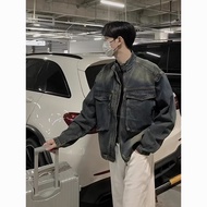 Jaket Denim Pakaian Kerja Biru Retro Amerika yang Dicuci untuk Lelaki, Kolar Pendirian Bergaya Musim