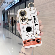 (With Wristband) Hontinga Casing Case For OPPO Reno10 Reno 10 Pro 5G Reno11 Reno 11 Pro 5G Case Cute Space Astronaut Luxury Chrome Plated Soft TPU Square Phone Case Full Cover Camera Protection Anti Gores Rubber Cases For Girls