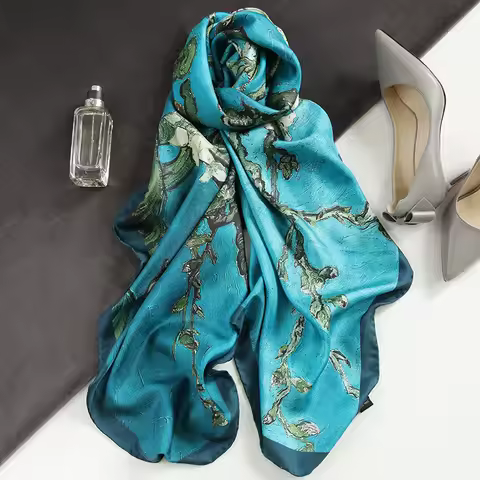 Spain Luxury Silk Scarf Women Designer Van Gogh Oil Painting Floral Silk Shawls Pashmina Ladies Wrap