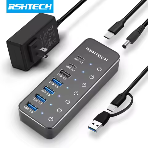 RSHTECH USB 3.2 Hub USB C Splitter Powered 10Gbps Data Hub with Individual Touch On/Off Switches USB