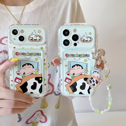 Cute cartoon sleep Crayon Shin-chan Wallet card Lanyard Phone Case For iPhone 12 13 14 15 16 Pro Max
