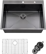 Doirteal 28 inch Black Drop in Sink Stainless Steel Black Farmhouse Sink 16 Gauge Topmount Drop in Kitchen Sink,Nano-coating,Super-hydrophobic,Self-cleaning,R10 Angle,with Grid and 2 Holes,BL09S