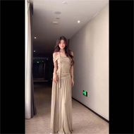 French Design Off-Shoulder Slim Fit Womens Top with Pleated Mini Skirt Two-Piece Set Summer Short Sl