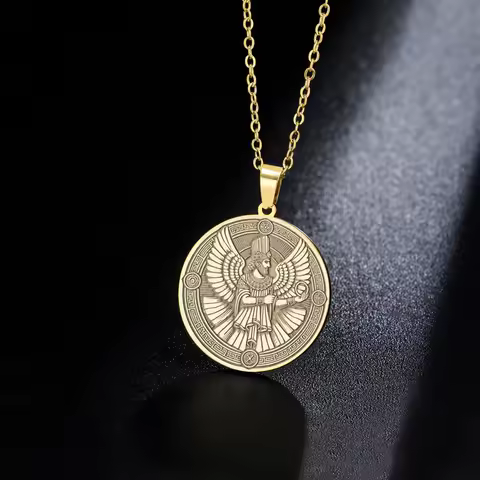 Round Ahura Mazda Engraved Pendant Necklace Zoroastrian Faravahar Sacred Symbol Spiritual Jewelry Gi