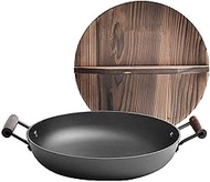 Flat Bottom Wok - Wok Frying Pan Less Fume Cast Iron Double Ear Round Bottom Wok (Wood Cover) 32cm (Color : Black) vision