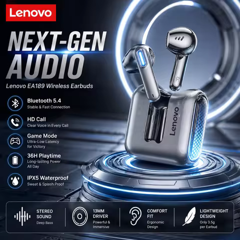 Lenovo EA189 Wireless Earbuds Bluetooth 5.3 Gaming Headphones Noise Cancelling Stereo Bass Sweatproo