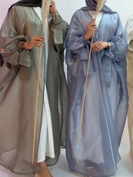 Summer Eid Djellaba Abaya Dubai Shiny Soft Puff Sleeves Muslim Dress Silky Abaya Dubai Turkey Muslim Dress Islam Abayas WY800