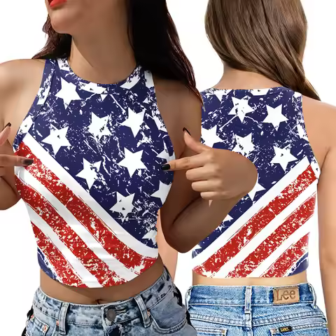 America 4th July US American Flag Print Women Crop Top Independence Day Streetwear Sleeveless Summer
