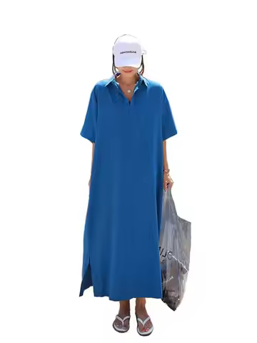 plus Size Loose Midi Dr Women Summer Korean Sle Collar ort Sve Long Dr Comfortable Fit plus Size Fai