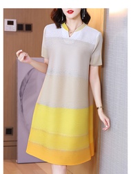 Tt036 One Size (45-75kg) Pleated Short Sleeves A- Line Autumn Stitching Age-Reducing Contrast Color