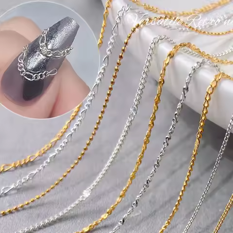 50cm Nail Bead Chain 0.8MM-2.2MM Silver Gold Pixie Stone Beads Hollow Hoop Nail Art Decoration Metal