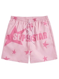 Men's Letter and Graphic Print Drawstring Waist Shorts Casual Tie Front Track Shorts Athletic Gym Sh