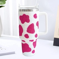 40Oz Cow/Leopard Pattern Ab-Color Diamond Thermos With Handle Stainl Steel Insulated Water Bottle Co