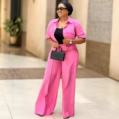 Two Pieces Women Pant Sets Solid Matching Sets Pocket Button Short Sleeve Top Empire Waist Wide Leg 