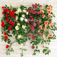 ดอกไม้9หัว/ชุดดอกกุหลาบผ้าไหมไม้เลื้อยใบไม้สีเขียวใช้สำหรับตกแต่งบ้านงานแต่งงานงานปาร์ตี้ใบไม้ปลอมแขวนพวงหรีด DIY