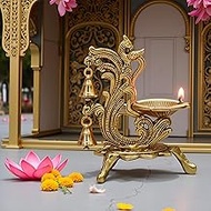 SAUDEEP INDIA Oxidized Metal Diya for Puja Brass Oil Diwali Lamp in Peacock Design Item Antique Deco