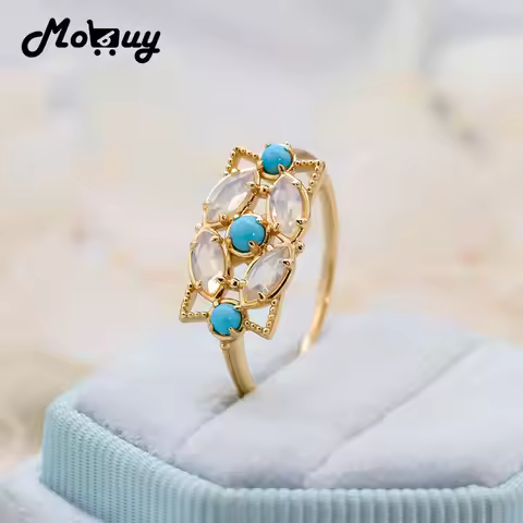 MoBuy Natural Opal Turquoise Gemstone Ring For Women Vintage Hollow Ring 925 Sterling Silver Gold Ve