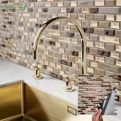 1/10/30 Sheets Gold Mosaic Self-Adhesive Wall Tiles Kitchen Backsplash Bathroom Home Wall DIY Decora