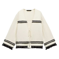 NEW Spain style Authentic ZARAˉ Summer New Womens V-neck Long Sleeve Bow Lace Contrast Tassel Ribbon