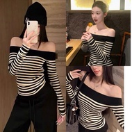 FALL-Winter OFF-Shoulder T-SHIRT IN PERSONALIZED STRIPED COLOR, EXTREMELY LUXURY LONG-Sleeve FORM S6