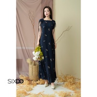 Đầm suông chiffon cổ vuông không tay xanh navy SIXDO (Dark Navy Floral Flared Dress)