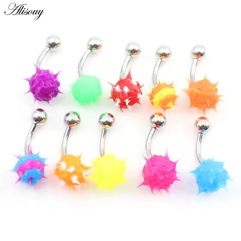 Alisouy 1PC 14G Silicone Rubber Brushed Fuzzy Ball Stainless Steel Bar Girl Women Belly Navel Button