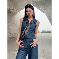 Women's Denim Outfit Vintage Collar Washed Denim Sleeveless Top Wide-Leg Pants Two-Piece Set