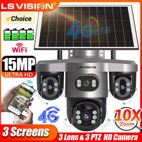 LS VISION 15MP 4G Solar Camera Three Screens 10X Zoom Outdoor WiFi Surveillance Camara 360° PTZ PIR 