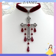 LA Choker Necklace, Large Cross Pendant Red Color Goth Cross Choker, Fashion Accessories Vintage Loo