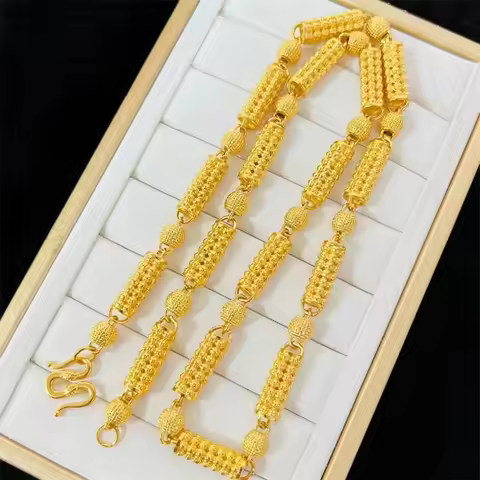 Luxury 24K real gold jewelry hollow cylindrical beads men and women au9999 gold chain European and A