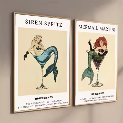 Vintage Mermaid Cocktail Poster Martini and Siren Spritz Canvas Painting Prints for Living Room Home