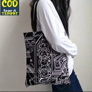 [Toko Uci] Korea Tote Bag Wanita Doodle Art // Pakai Resleting // Tas Tote Murah [Bisa COD]