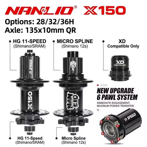 Nanlio X150 150T High Engagement Noisy MTB Rear Hub 6 Pawls Disc Brake 28/32/36H 8-12 Speed Compatib
