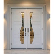Pintu Kayu Kembar Cermin Utama Depan Rumah Full Solid Core Tahan Hujan Panas Wooden Door Tempered Gl