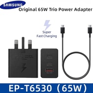 Samsung 65W EP-T6530 Trio USB C พาวเวอร์อะแดปเตอร์3พอร์ตชาร์จเร็วมากปลั๊กอังกฤษเครื่องชาร์จสำหรับซัมซุงติดผนัง Samsung Galaxy S23 S22มาก S21 S20 Note 20 Note 10 + A71 A73 A33 A52 A54 A53 5G a14 A24 A34พร้อมสายเคเบิล5A Type-C