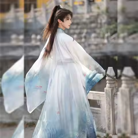 Blue Water Fish Hanfu Men Women Traditional Weijin Period Cross Collar Costume Stylish Fairy Stage S